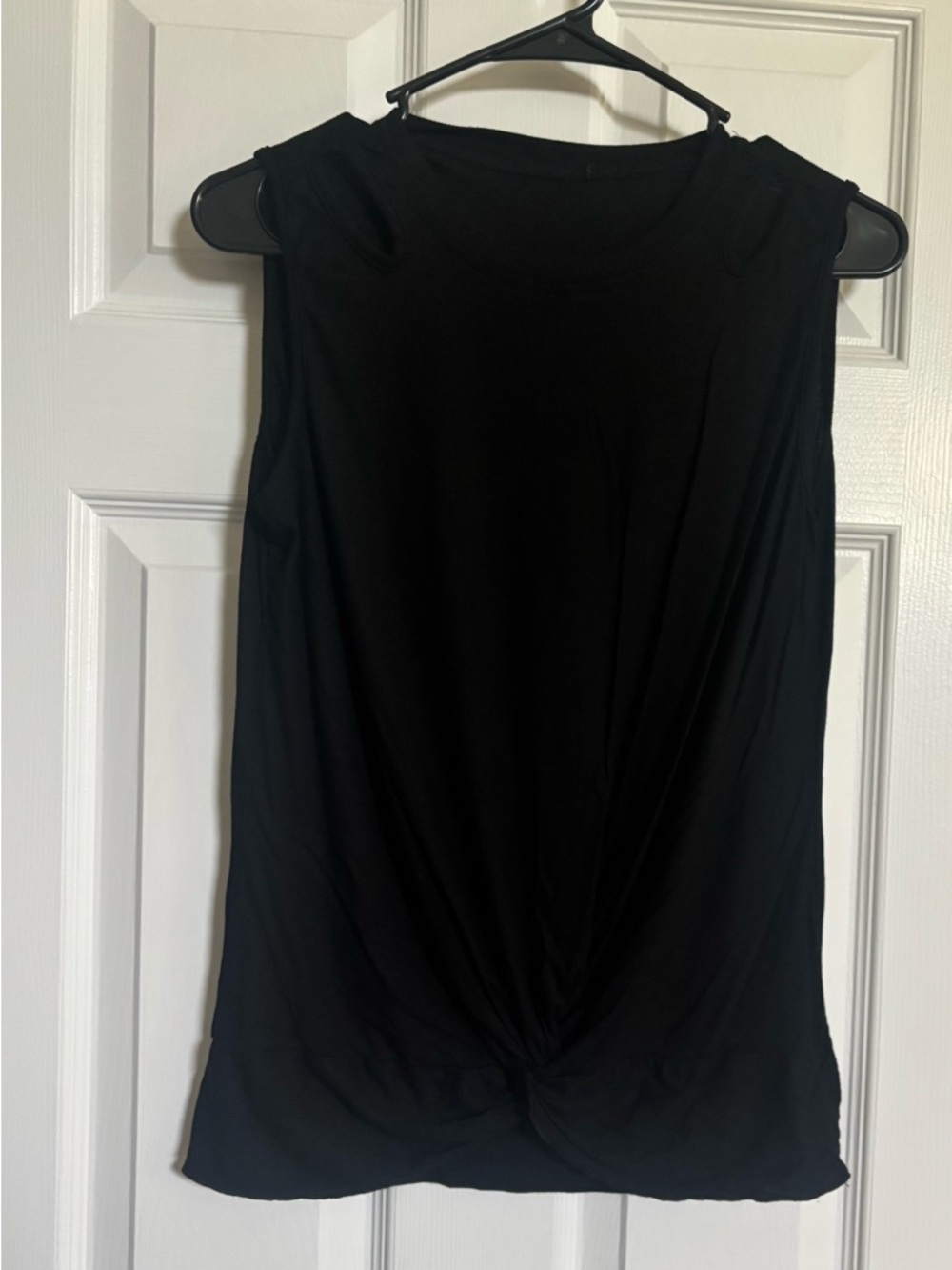 Women's Black Sleeveless Ribbed Tank with Twist-Hem and Shoulder Details